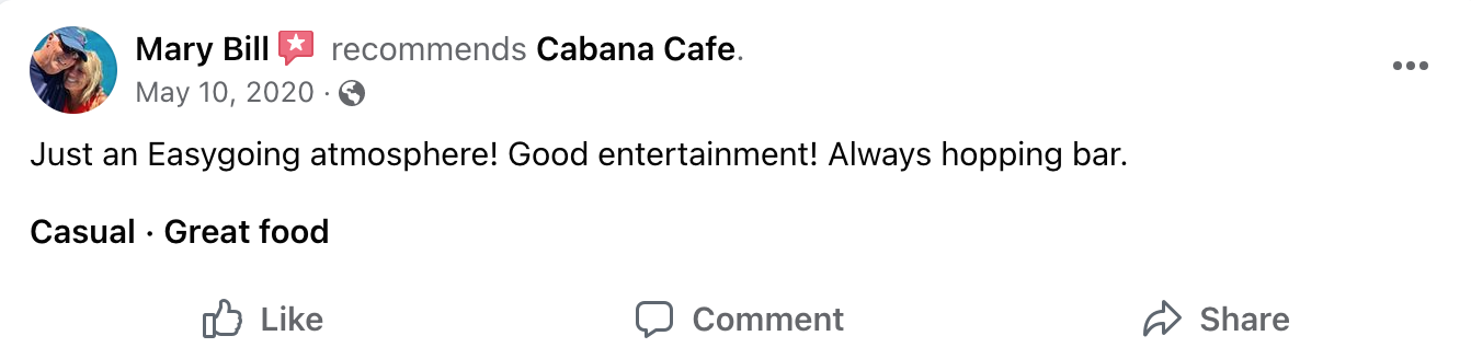 Facebook Customer Review for Cabana Cafe