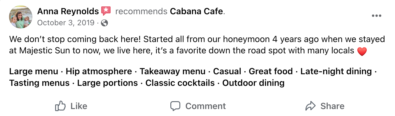 Facebook Customer Review for Cabana Cafe